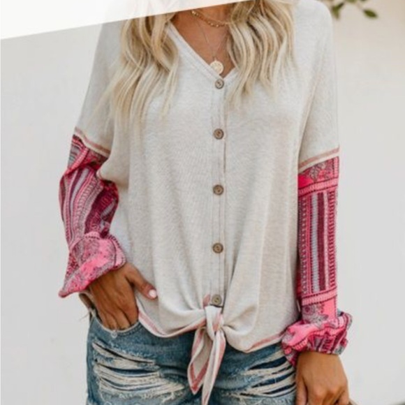 Designer white thermal button down with pink pattern chiffon sleeves - Picture 1 of 8